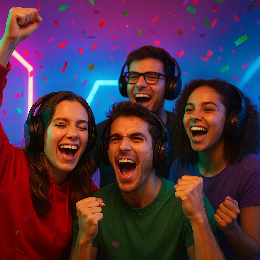 Player reaction: group celebrating a victory with colorful effects